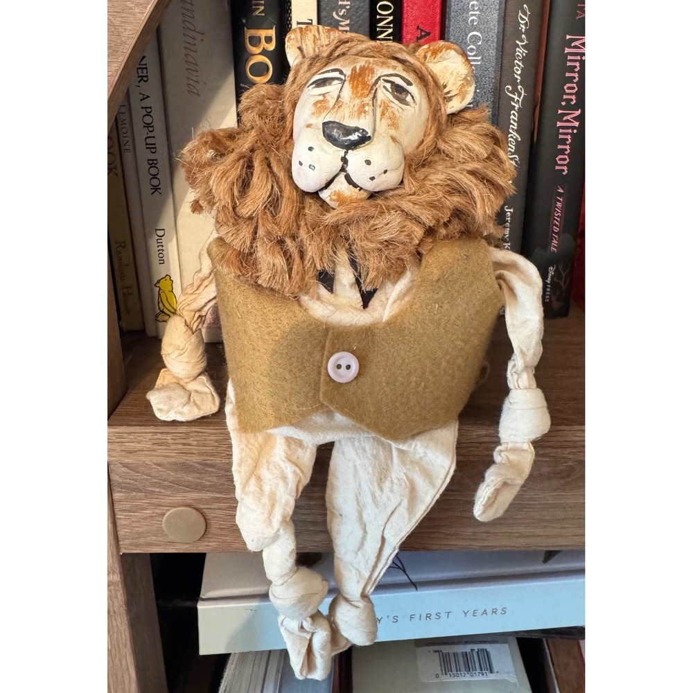 Handmade Primitive Lion Shelf Sitter Folk Art Doll Hand Painted Face Tan Vest